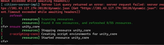 Console do FXServer recarregando o resource sem apresentar erro