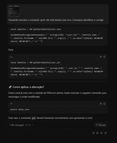 Comparação do código antes e depois da correção, com o comando para recarregar o script