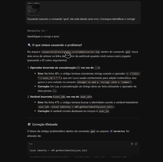 Resposta do Antigravity explicando os dois erros encontrados no arquivo server.lua