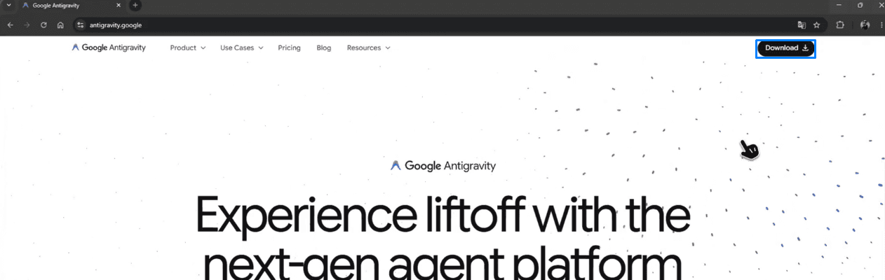 Site do Google Antigravity com o botão de download em destaque