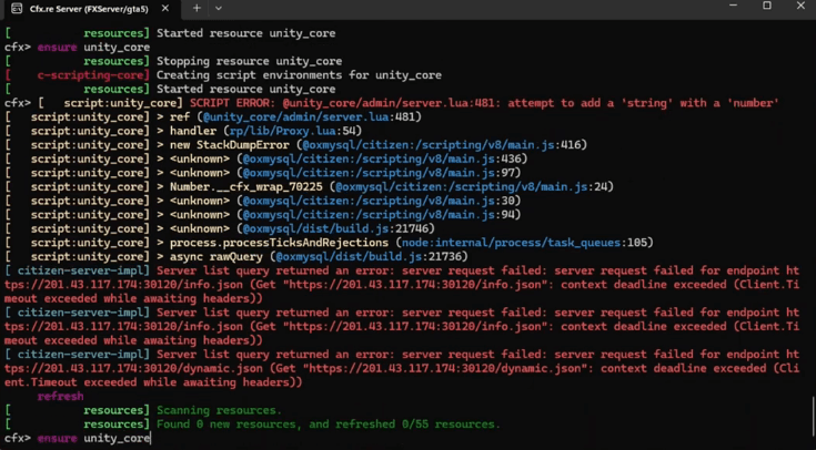 Console do FXServer com um SCRIPT ERROR apontando para o arquivo server.lua na linha 481