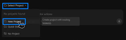 Menu Select Project aberto com a opção New Project