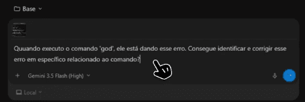 Conversa do Antigravity com o print do erro anexado e a descrição do problema
