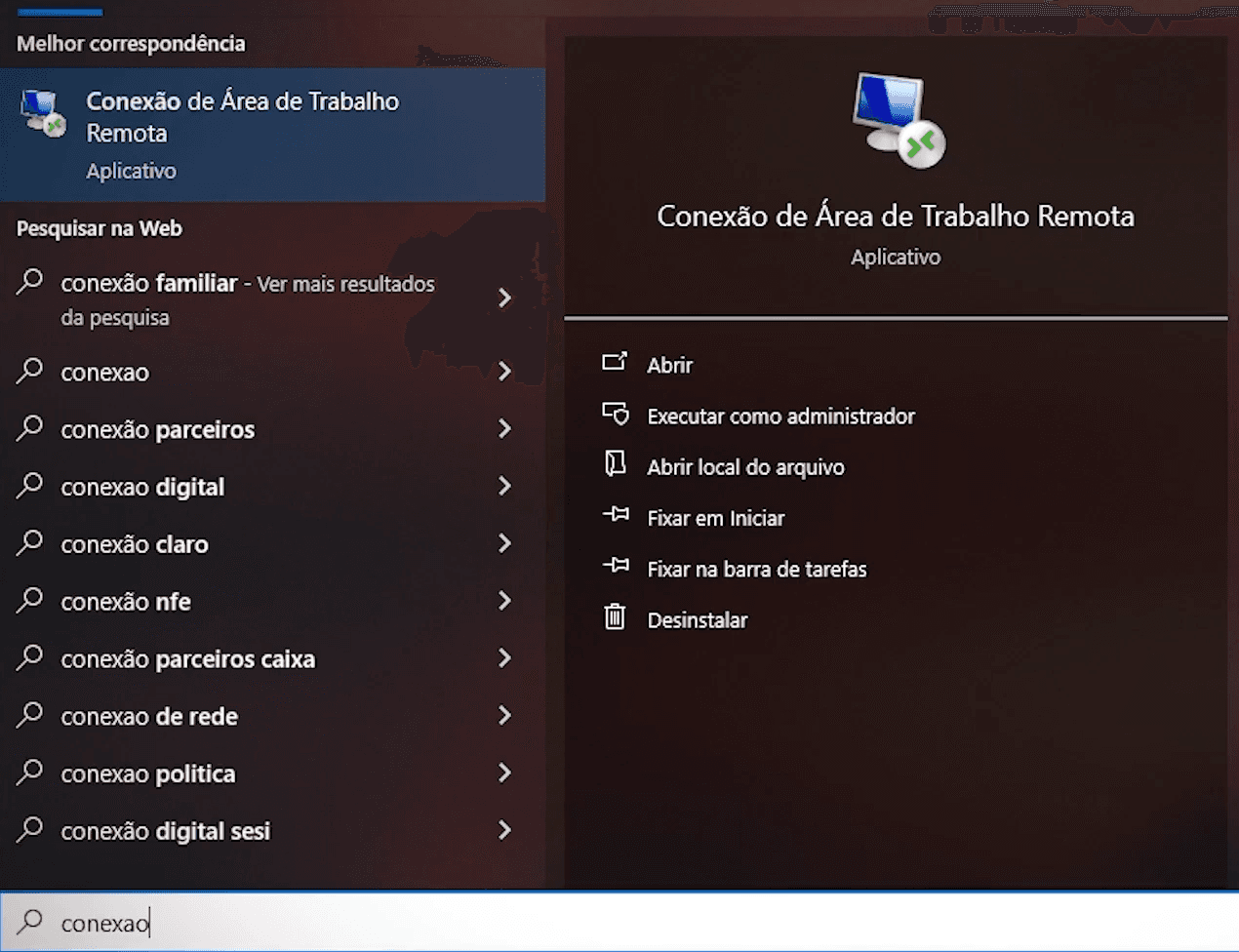 Busca do Windows mostrando o programa Conexão de Área de Trabalho Remota