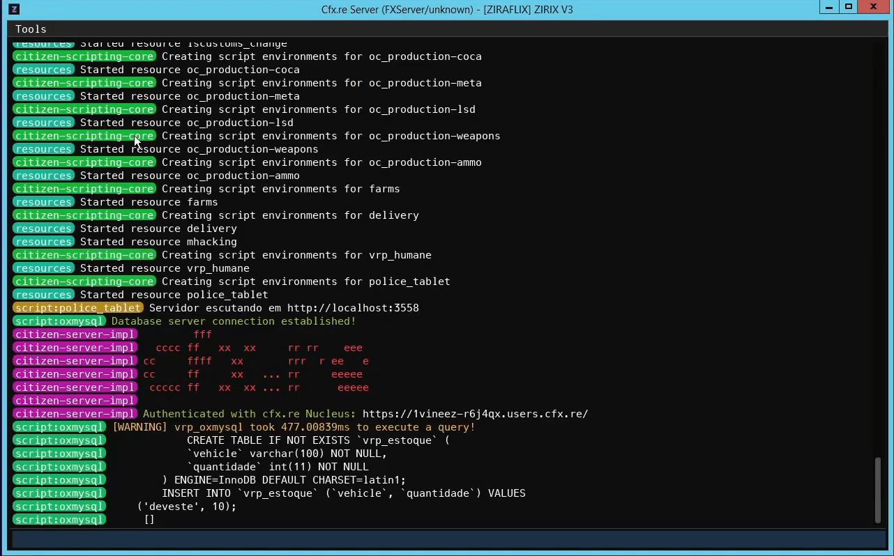 Console gráfico do FiveM com as mensagens coloridas e separadas por recurso
