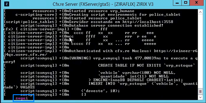 Comando svgui sendo digitado no console do servidor