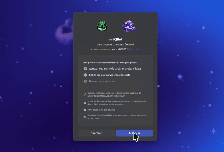Tela do Discord autorizando o aplicativo mri QBot