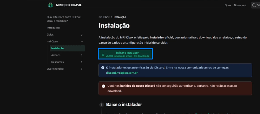 Documentação da MRI QBox com o botão de baixar o instalador em destaque