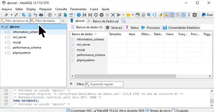 HeidiSQL mostrando o banco mri_server criado junto com os bancos padrão do MySQL