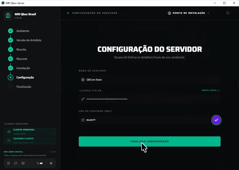 Tela de configuração final com nome do servidor, licença Cfx.re e cor do servidor