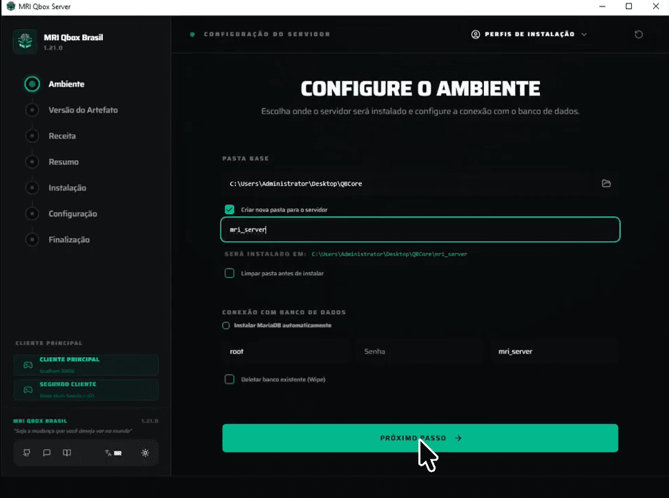 Tela Configure o Ambiente com a pasta base, o nome da pasta e a conexão com o banco de dados