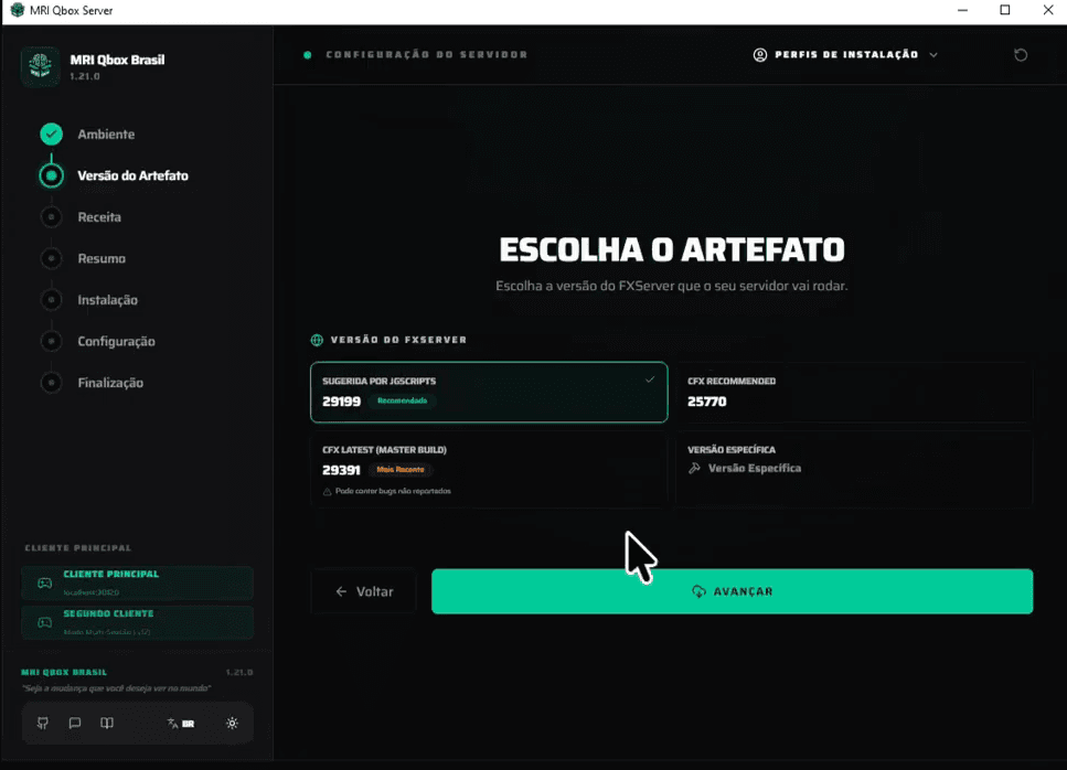 Tela Escolha o Artefato com as versões sugerida, recomendada pela Cfx e a mais recente