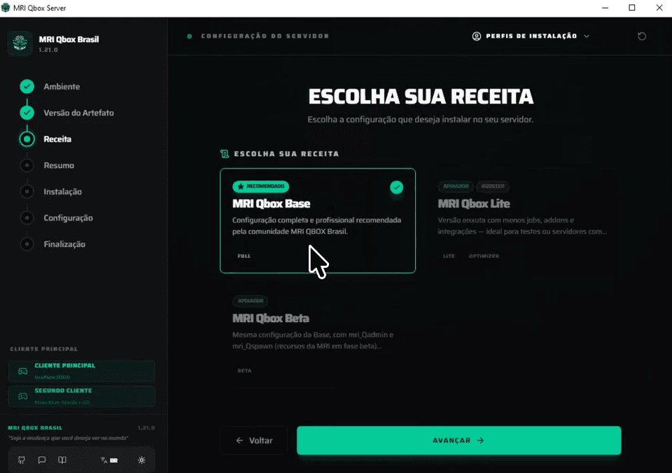 Tela Escolha sua Receita com as opções Base, Lite e Beta