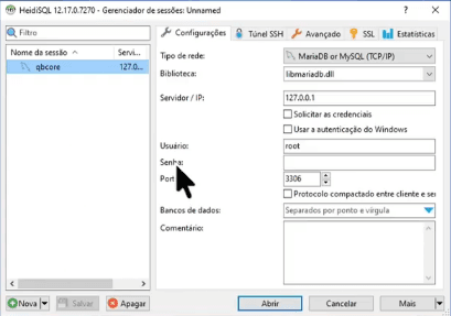 Gerenciador de sessões do HeidiSQL com a sessão apontando para 127.0.0.1