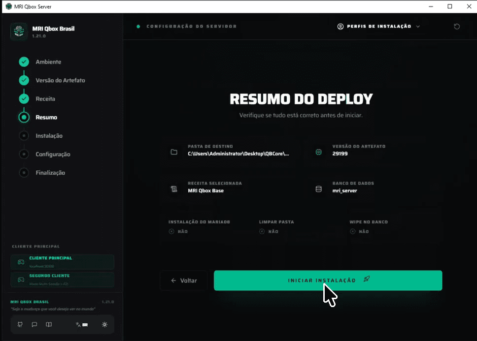 Resumo do deploy com a pasta de destino, a versão do artefato, a receita e o banco de dados