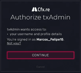 Tela de autorização do txAdmin com o botão Continue