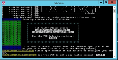 Console do txAdmin mostrando o endereço localhost 40120 e o PIN de registro