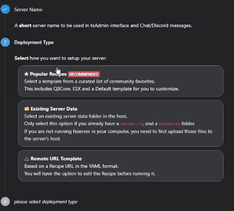 Passo 2 do assistente com as opções Popular Recipes, Existing Server Data e Remote URL Template