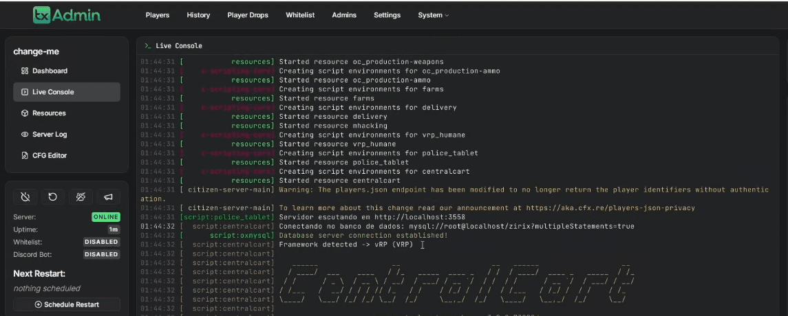 Live Console do txAdmin com o servidor online e os recursos iniciando