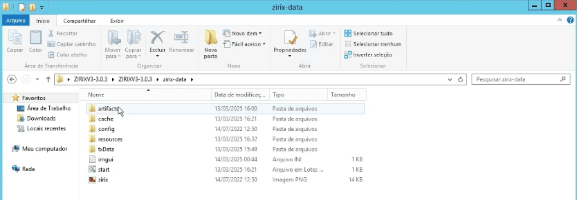 Pasta da base com as pastas artifacts, cache, config, resources e txData