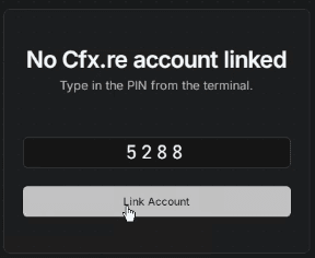 Tela do txAdmin com o PIN preenchido e o botão Link Account