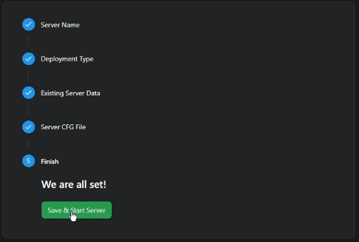 Passo 5 do assistente com o botão Save and Start Server