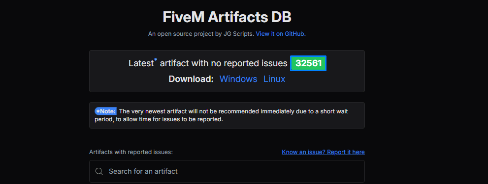Site FiveM Artifacts DB indicando a versão mais recente sem problemas reportados