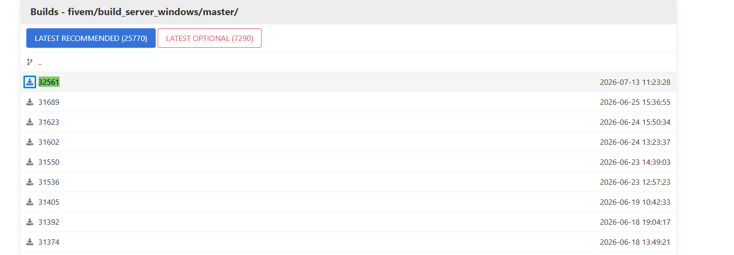 Lista de builds do FiveM com a versão escolhida e o ícone de download destacado