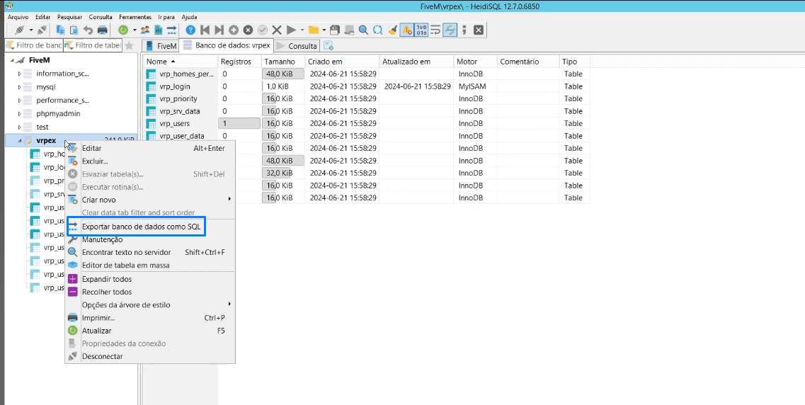 Menu de contexto do banco de dados com a opção Exportar banco de dados como SQL