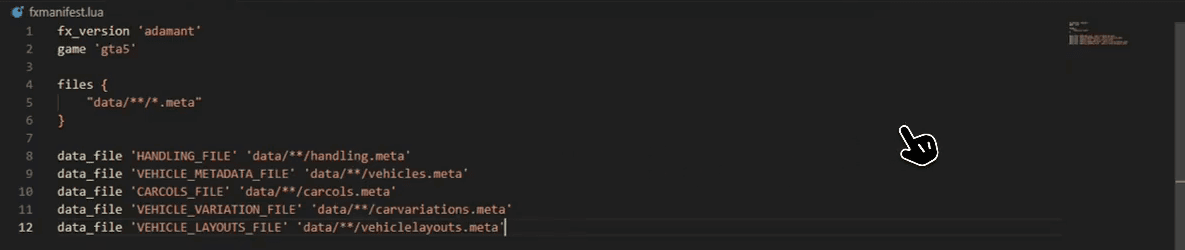 Arquivo fxmanifest.lua com as linhas de files e data_file dos veículos