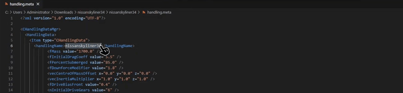 Arquivo handling.meta com a tag handlingName mostrando o nome de spawn do carro