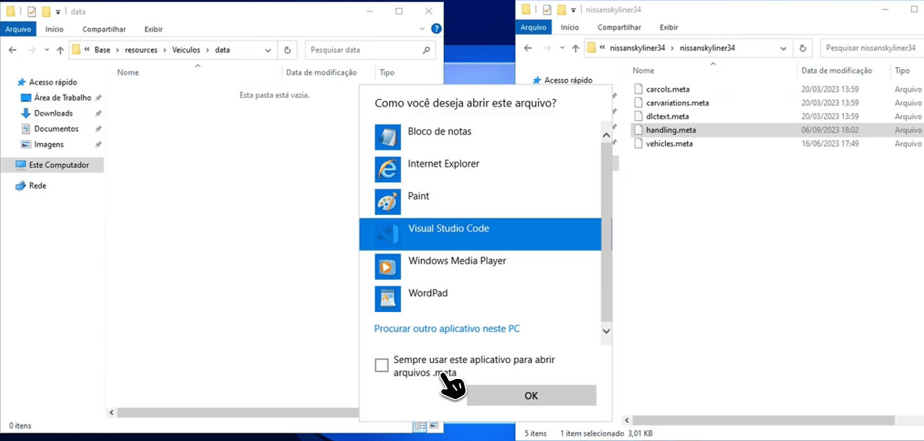 Arquivos meta do mod com o menu Abrir com e o Visual Studio Code selecionado