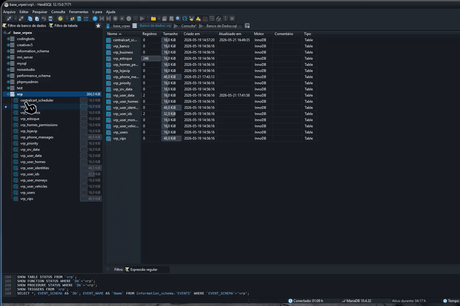 HeidiSQL mostrando a tabela vrp_phone_messages criada junto das demais tabelas do vRP