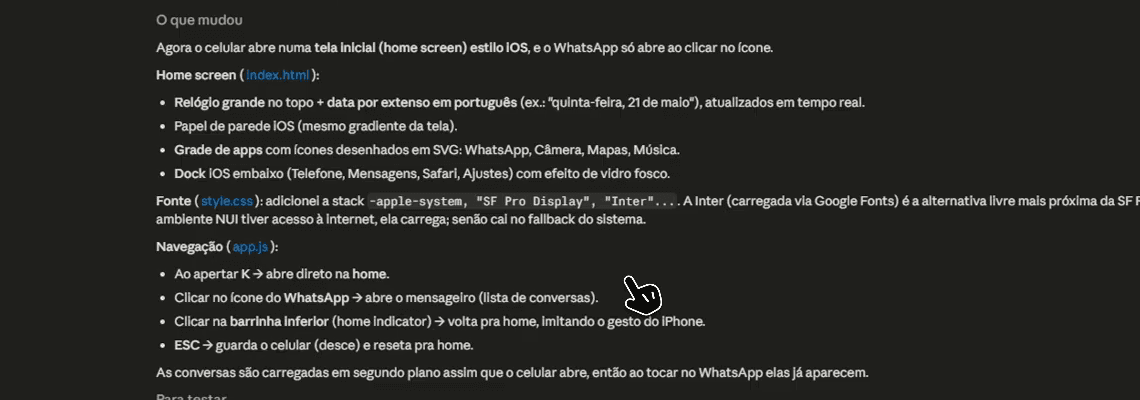 Resposta do Claude Code listando as mudanças feitas na tela inicial e na navegação