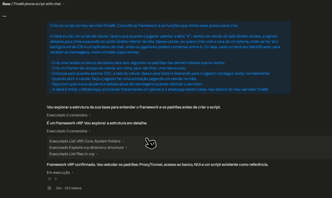 Prompt enviado no Claude Code e o modelo identificando o framework vRP da base