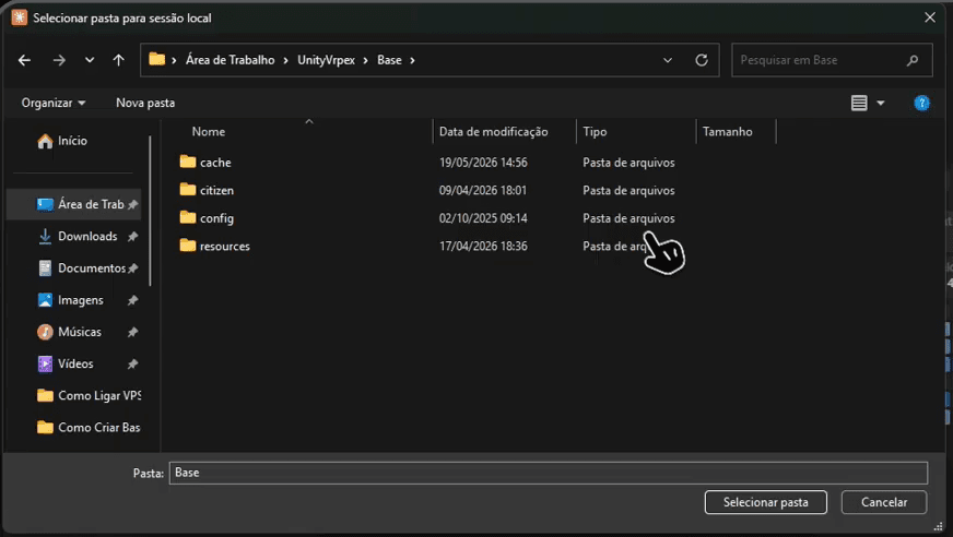 Janela de seleção de pasta com a pasta da base contendo cache, citizen, config e resources