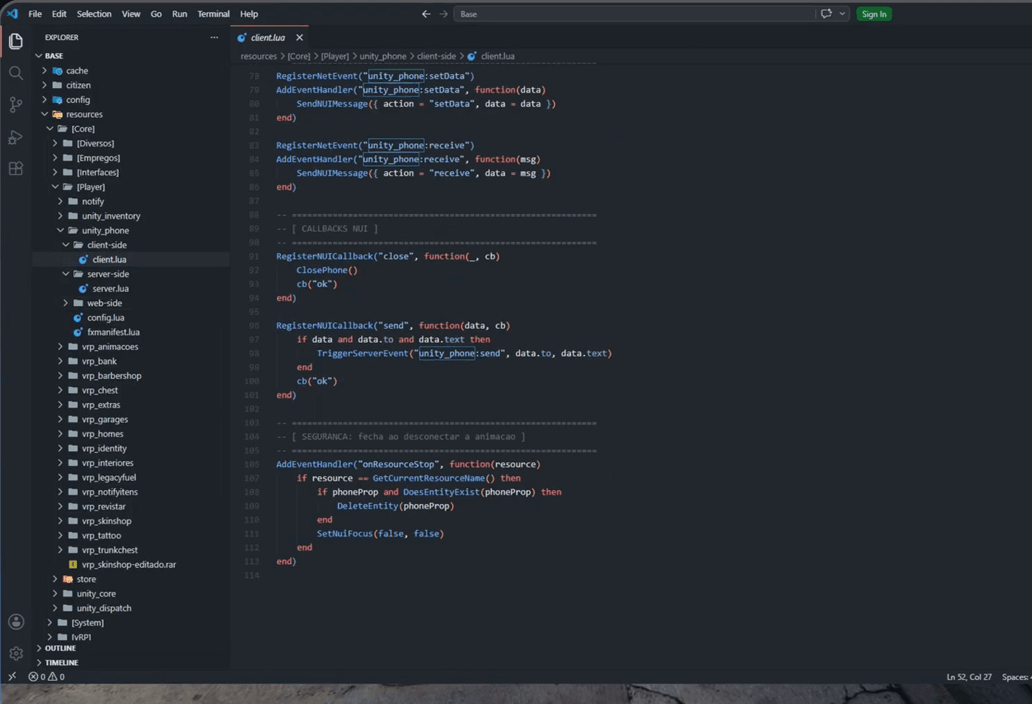 Editor de código mostrando os arquivos do resource unity_phone criados pelo Claude Code