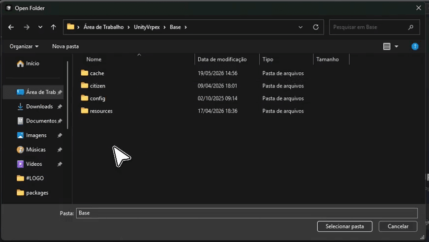 Janela de seleção de pasta mostrando cache, citizen, config e resources dentro da base