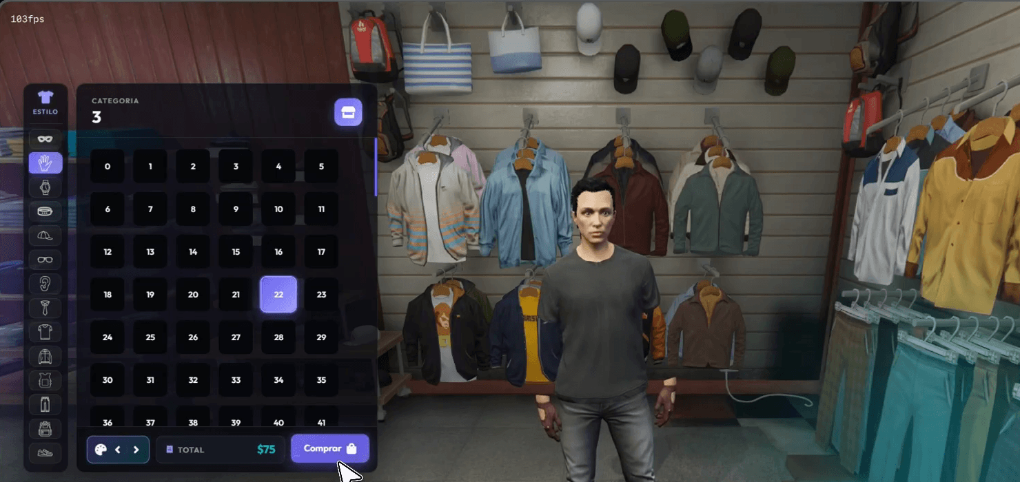Loja de roupas no jogo com a interface modernizada, cantos arredondados e botão comprar em destaque