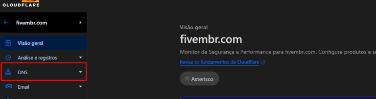 Painel da Cloudflare com a aba DNS selecionada