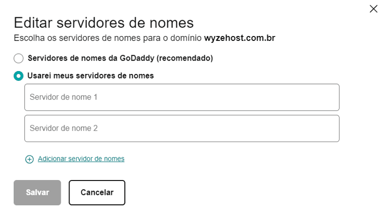 Campos para informar os nameservers da Cloudflare na GoDaddy