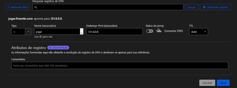 Formulário do registro tipo A com nome e endereço IPv4 preenchidos