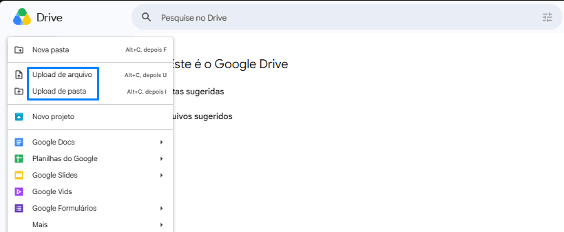 Menu Novo do Google Drive com as opções de upload de arquivo e de pasta