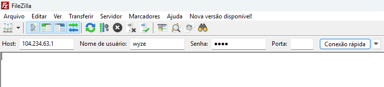 Cliente FileZilla com host, usuário e senha preenchidos