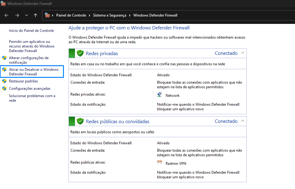 Painel do firewall com a opção de ativar ou desativar destacada