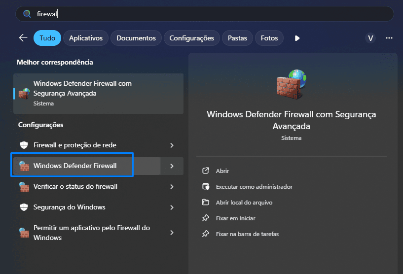 Busca do Windows com a opção Windows Defender Firewall destacada