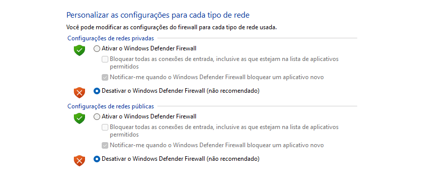 Tela de personalização com o firewall desativado nas redes privadas e públicas