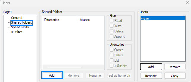 Aba de pastas compartilhadas com o botão Add destacado