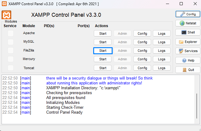Painel do XAMPP com o botão Start do FileZilla destacado