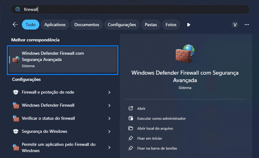 Busca do Windows mostrando o Windows Defender Firewall com Segurança Avançada